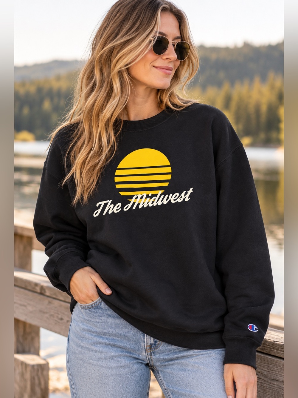 Champion The Midwest Sunset Graphic Crewneck Sweatshirt Black XL
